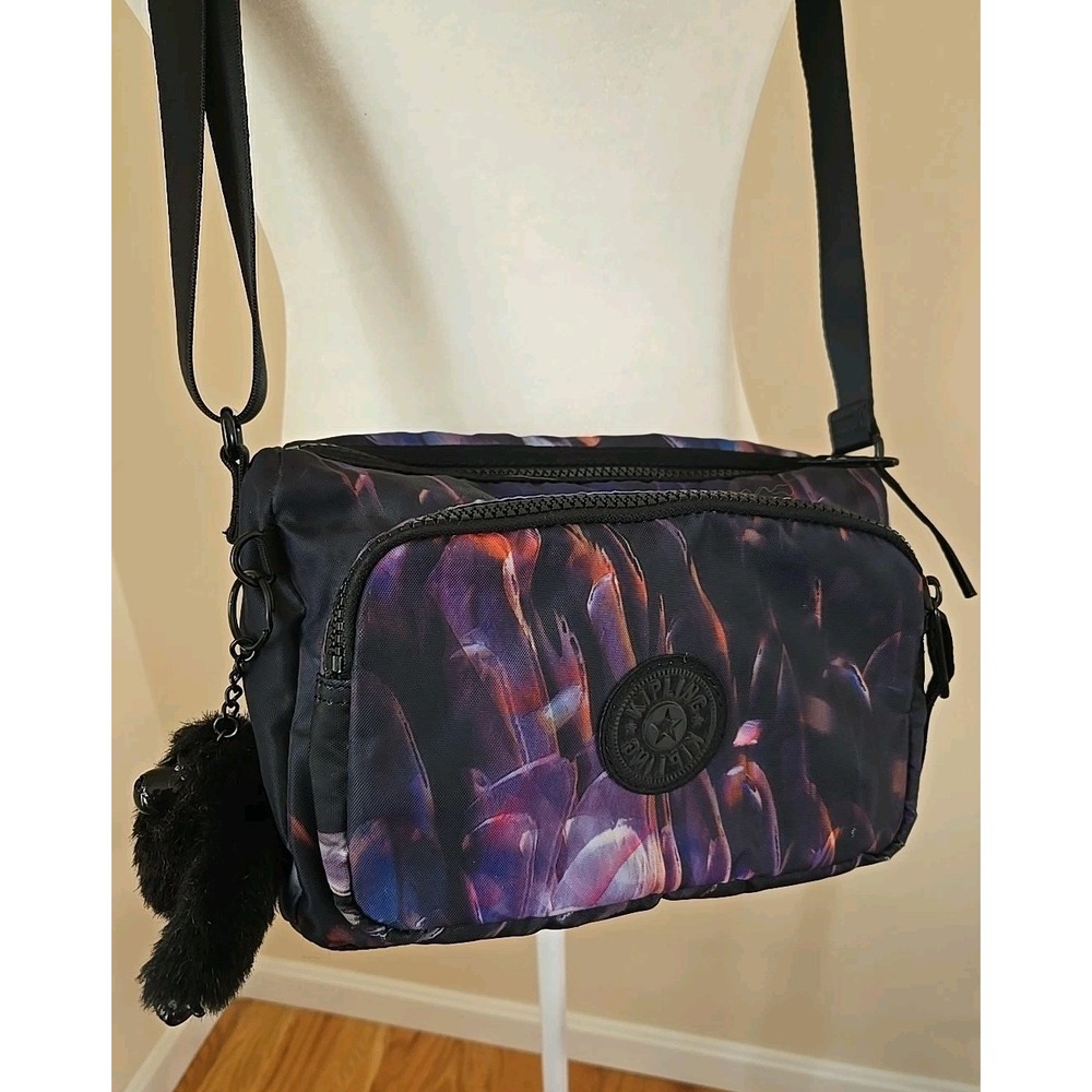 Kipling Nylon Canvas Top Zip Softshell Crossbody Bag Gorilla Charm Static Floral